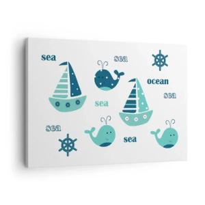 Tablou pe pânză Canvas - Motive nautice fermecătoare cu balene și bărci cu pânze - 70x50cm - Peste mări și oceane - Decorațiune modernă pentru perete pentru living și dormitor ARTTOR