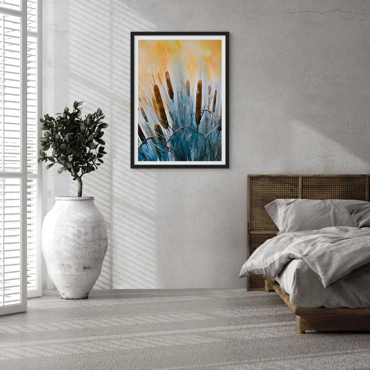 Poster în ramă neagră - O compoziție picturală de stuf în lumină caldă - 50x70cm - Răcoarea apei, căldura soarelui - Decorațiune modernă pentru perete pentru living și dormitor ARTTOR