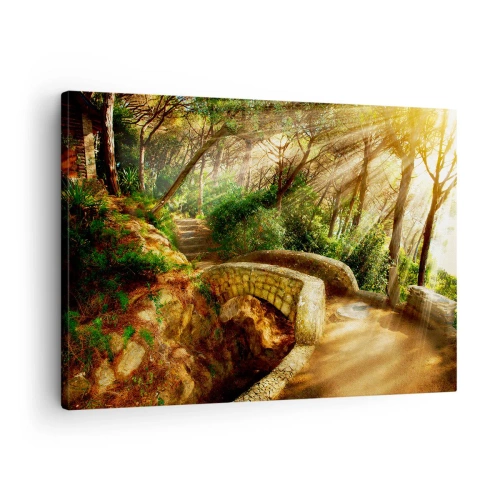 Tablou pe pânză Canvas - Peisaj forestier cu raze de soare și un pod de piatră - 70x50cm - Direct de pe pod în pădurea de basm - Decorațiune modernă pentru perete pentru living și dormitor ARTTOR