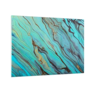 Tablou pe sticlă - Dungi abstracte în turcoaz și auriu - 70x50cm - Mareea turcoaz - Decorațiune modernă pentru perete pentru living și dormitor ARTTOR