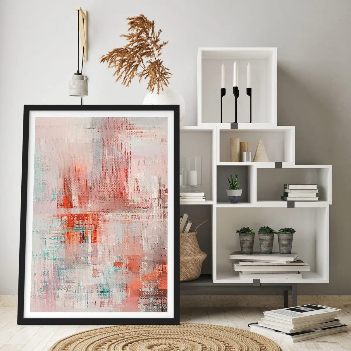 Poster în ramă neagră - Compoziție abstractă în nuanțe de roșu și albastru - 50x70cm - În ceață. Dar roz - Decorațiune modernă pentru perete pentru living și dormitor ARTTOR