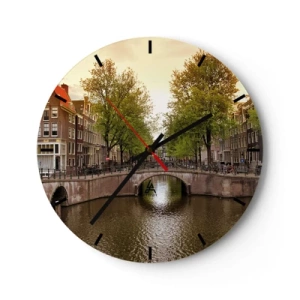 Ceas de perete - Ceas pe sticlă - Canal cu pod și case de locuit în Amsterdam - 30x30cm - Cu barca sau cu bicicleta? - Decorațiune modernă pentru perete pentru living, bucătărie și dormitor ARTTOR