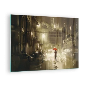Tablou pe sticlă - Persoană cu umbrelă roșie în lumina ploioasă a orașului noaptea - 70x50cm - Singură, dar nu singuratică - Decorațiune modernă pentru perete pentru living și dormitor ARTTOR