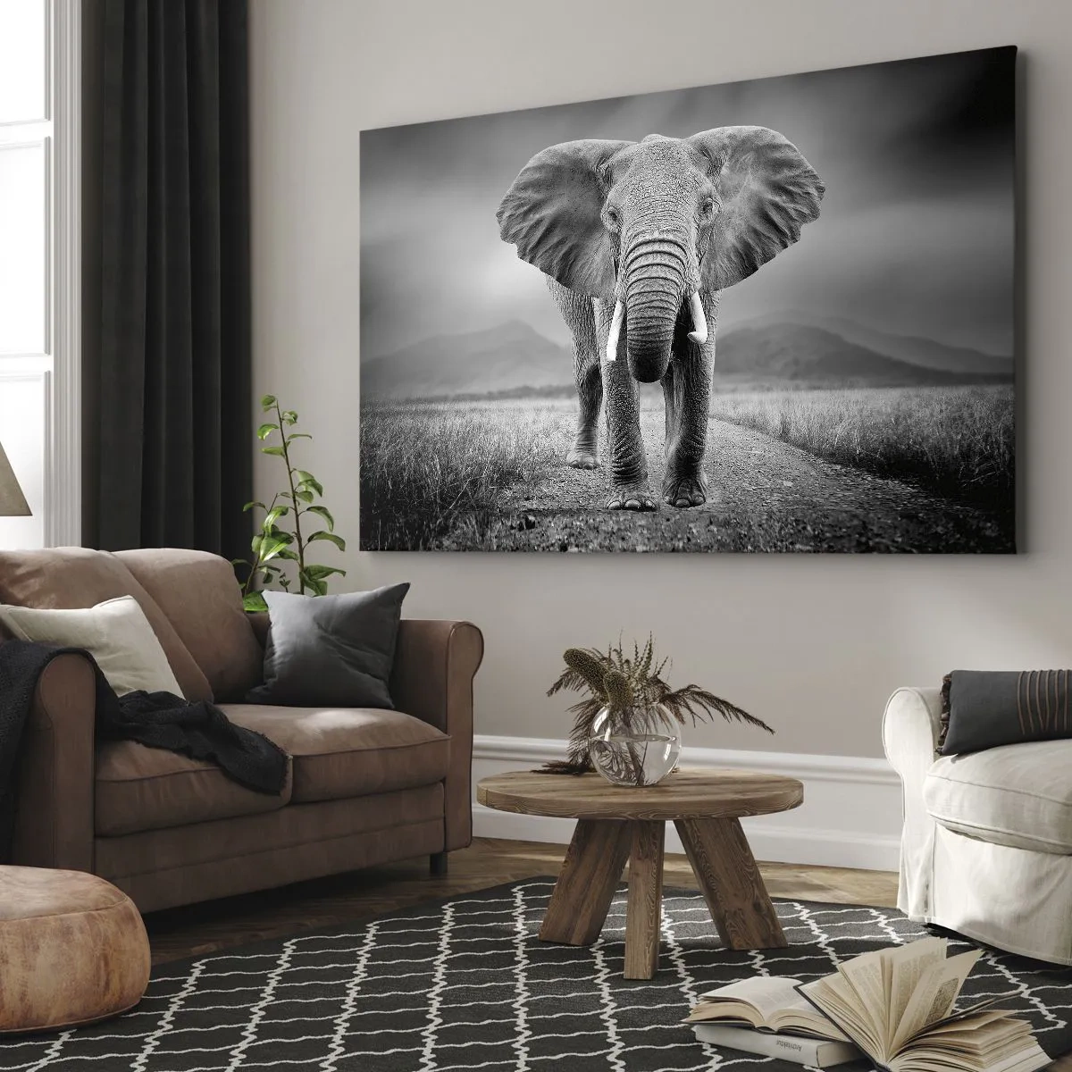 Tablou pe pânză Canvas - Un elefant puternic pe savană în tonuri monocromatice - 70x50cm - Gazda te salută - Decorațiune modernă pentru perete pentru living și dormitor ARTTOR