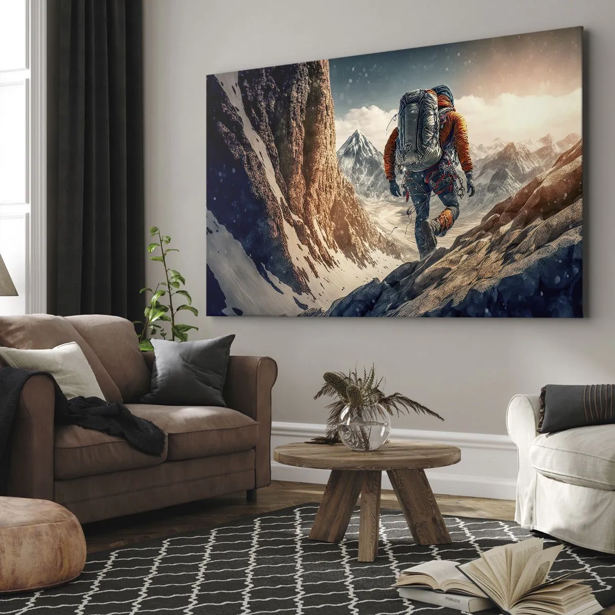 Tablou pe pânză Canvas - Un alpinist pe o potecă de munte într-un peisaj de iarnă - 70x50cm - Războinic singuratic - Decorațiune modernă pentru perete pentru living și dormitor ARTTOR