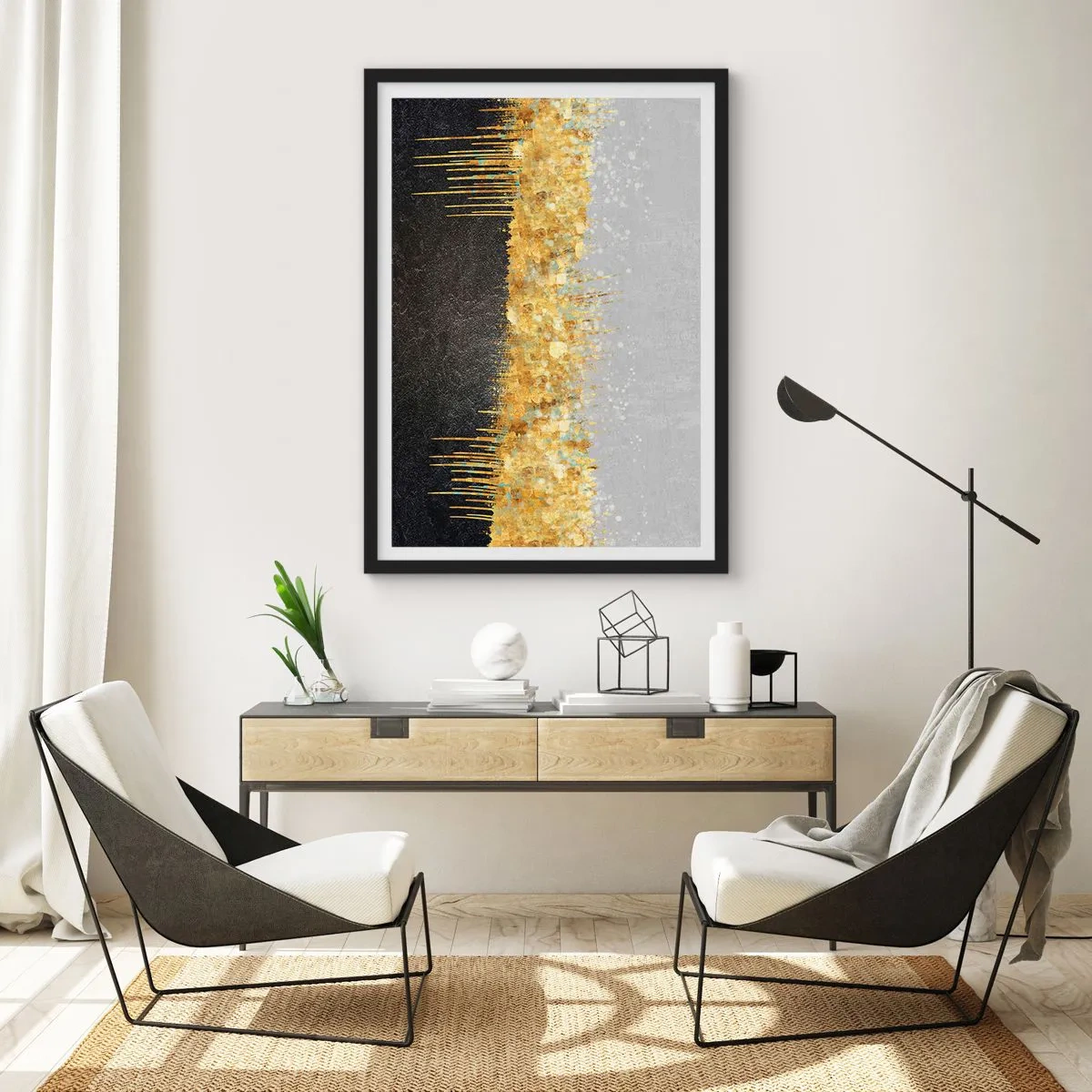Poster în ramă neagră - Compoziție abstractă de aur, negru și argint - 50x70cm - Înăuntru și în sus - Decorațiune modernă pentru perete pentru living și dormitor ARTTOR