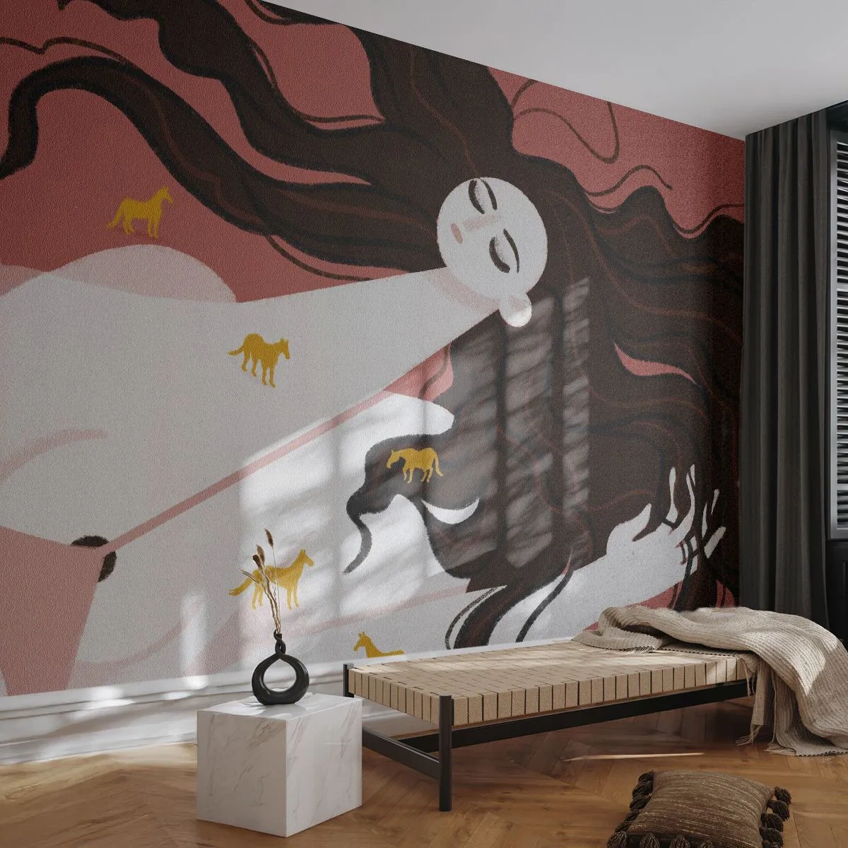 Tapet Premium Canvas - Visul despre calul de aur - Femeie, Portret, Minimalism - 400x280 cm