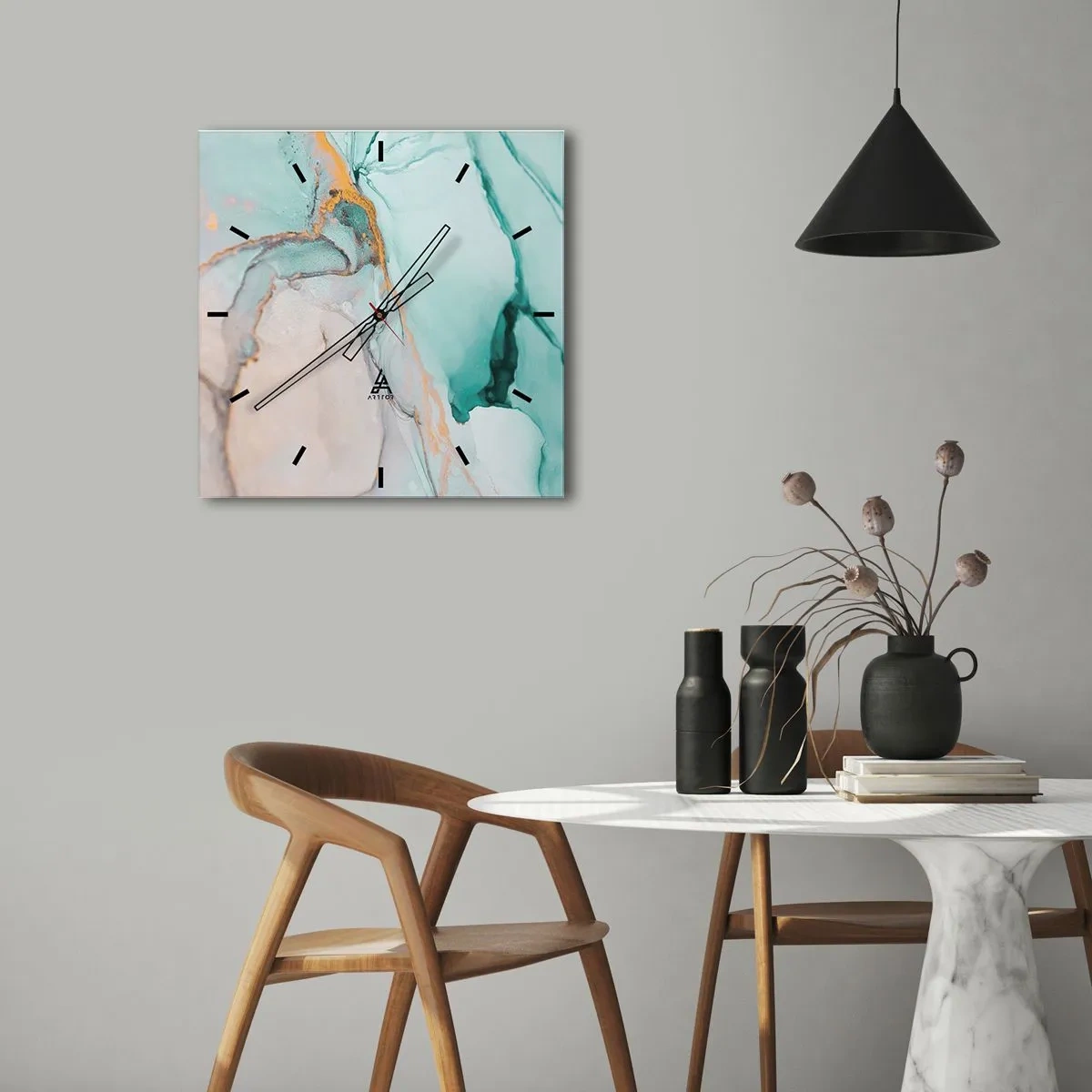 Ceas de perete - Ceas pe sticlă - Dansul formelor și al culorilor - 40x40 cm