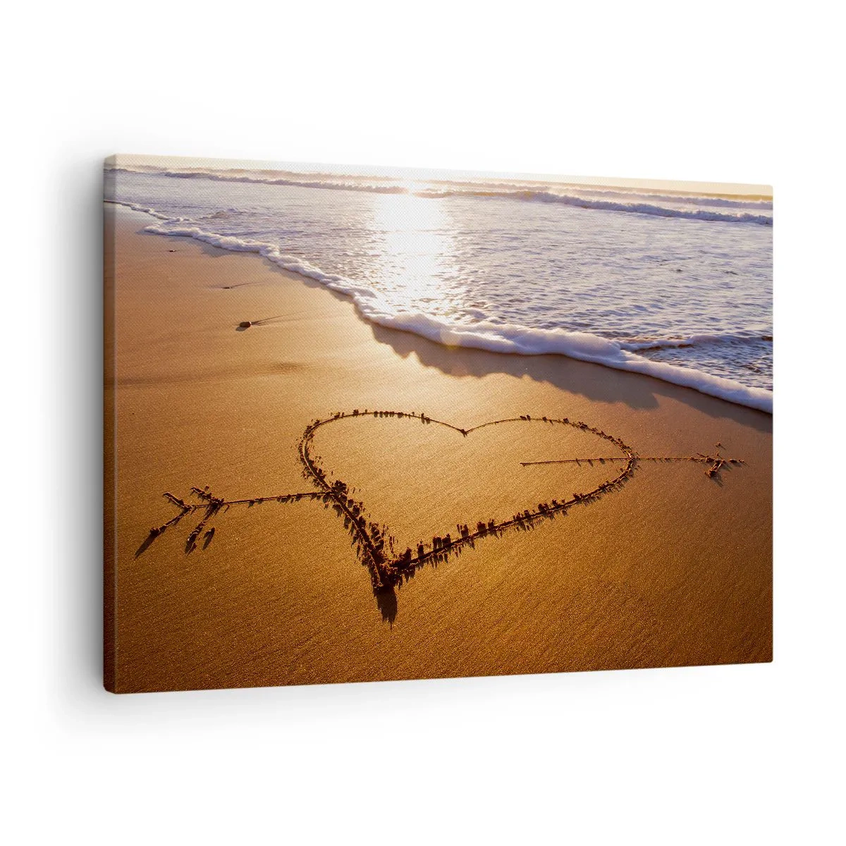 Tablou pe pânză Canvas - O inimă făcută din nisip pe plajă la apus - 70x50cm - Confesiune de vacanță - Decorațiune modernă pentru perete pentru living și dormitor ARTTOR