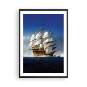 Poster în ramă neagră - O corabie cu pânze în largul mării, sub pânzele deschise, în lumina soarelui - 50x70cm - The great glory! - Decorațiune modernă pentru perete pentru living și dormitor ARTTOR
