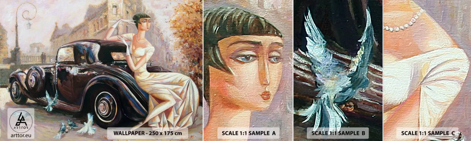 Mostră tapet autocolant Deluxe Sticker - Eleganță retro - Mașină retro, Femeie, Palat - 100x30 cm