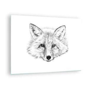 Tablou pe sticlă - Desen al unui cap de vulpe pe fundal alb - 70x50cm - Oare acești ochi pot minți? - Decorațiune modernă pentru perete pentru living și dormitor ARTTOR