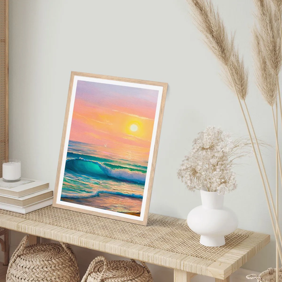 Poster în ramă de stejar deschis - Cântecul turcoaz al valurilor - 50x70 cm
