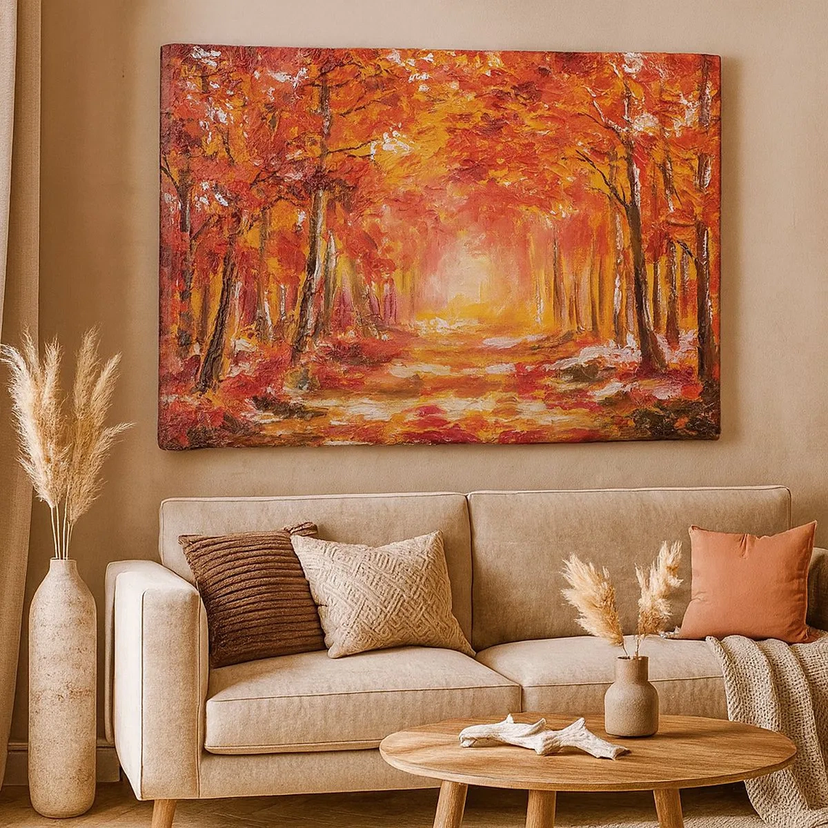 Tablou pe pânză Canvas - Pădure de toamnă în nuanțe de cupru și auriu - 70x50cm - Pădurea de cupru - Decorațiune modernă pentru perete pentru living și dormitor ARTTOR