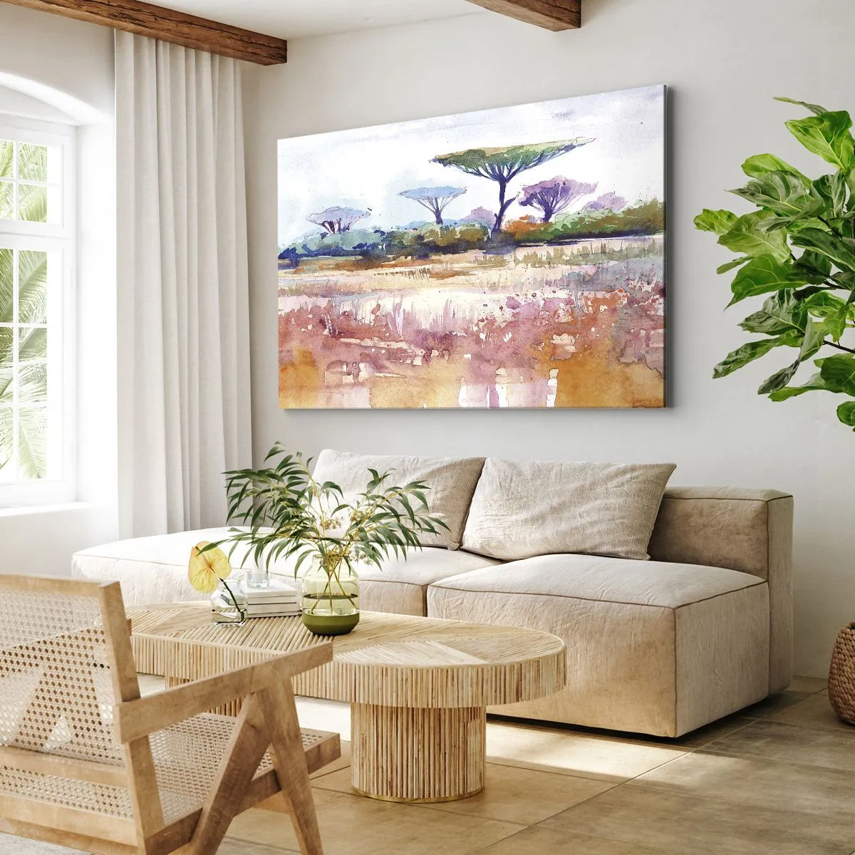 Tablou pe pânză Canvas - Un peisaj pitoresc de savană în culori de acuarelă - 70x50cm - Culorile savanei - Decorațiune modernă pentru perete pentru living și dormitor ARTTOR