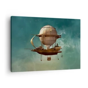 Tablou pe pânză Canvas - Un dirijabil fantastic pe fundalul cerului verzui - 70x50cm - Jules Verne vă transmite salutări - Decorațiune modernă pentru perete pentru living și dormitor ARTTOR