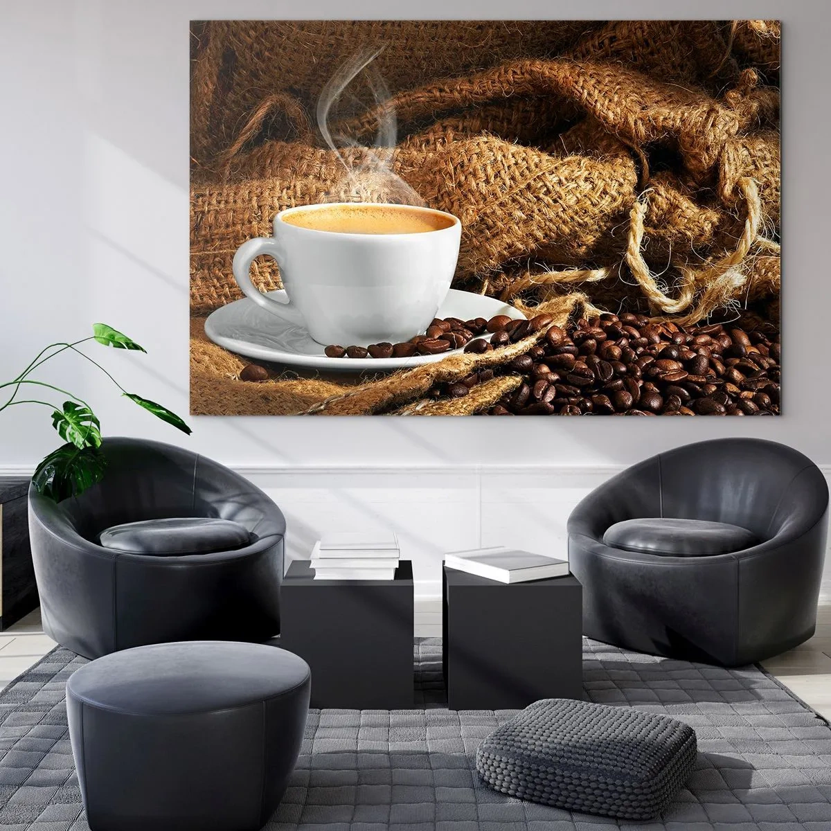 Tablou pe sticlă - O ceașcă de cafea cu boabe pe un fundal de iută - 70x50cm - Mirosul de mokka și densitatea lichidului de miere - Decorațiune modernă pentru perete pentru living și dormitor ARTTOR