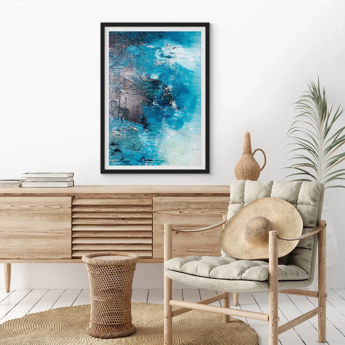 Poster în ramă neagră - Compoziție abstractă în nuanțe de albastru - 50x70cm - Rapsodie albastră - Decorațiune modernă pentru perete pentru living și dormitor ARTTOR