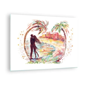 Tablou pe sticlă - Cuplu romantic într-un cadru tropical cu palmieri - 70x50cm - Vacanța romantică - Decorațiune modernă pentru perete pentru living și dormitor ARTTOR