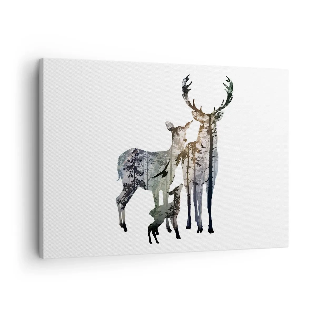 Tablou pe pânză Canvas - Peisaj forestier în siluetele cerbilor - 70x50cm - Fotografie de familie - Decorațiune modernă pentru perete pentru living și dormitor ARTTOR
