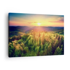 Tablou pe pânză Canvas - Peisaj forestier cu apus de soare peste dealuri - 70x50cm - Vârfuri și culmi - Decorațiune modernă pentru perete pentru living și dormitor ARTTOR