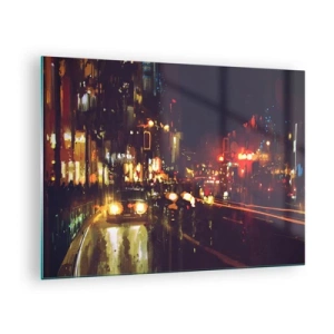 Tablou pe sticlă - Peisaj nocturn al orașului cu mașini și lumini stradale - 70x50cm - Scufundat în lumina nopții - Decorațiune modernă pentru perete pentru living și dormitor ARTTOR
