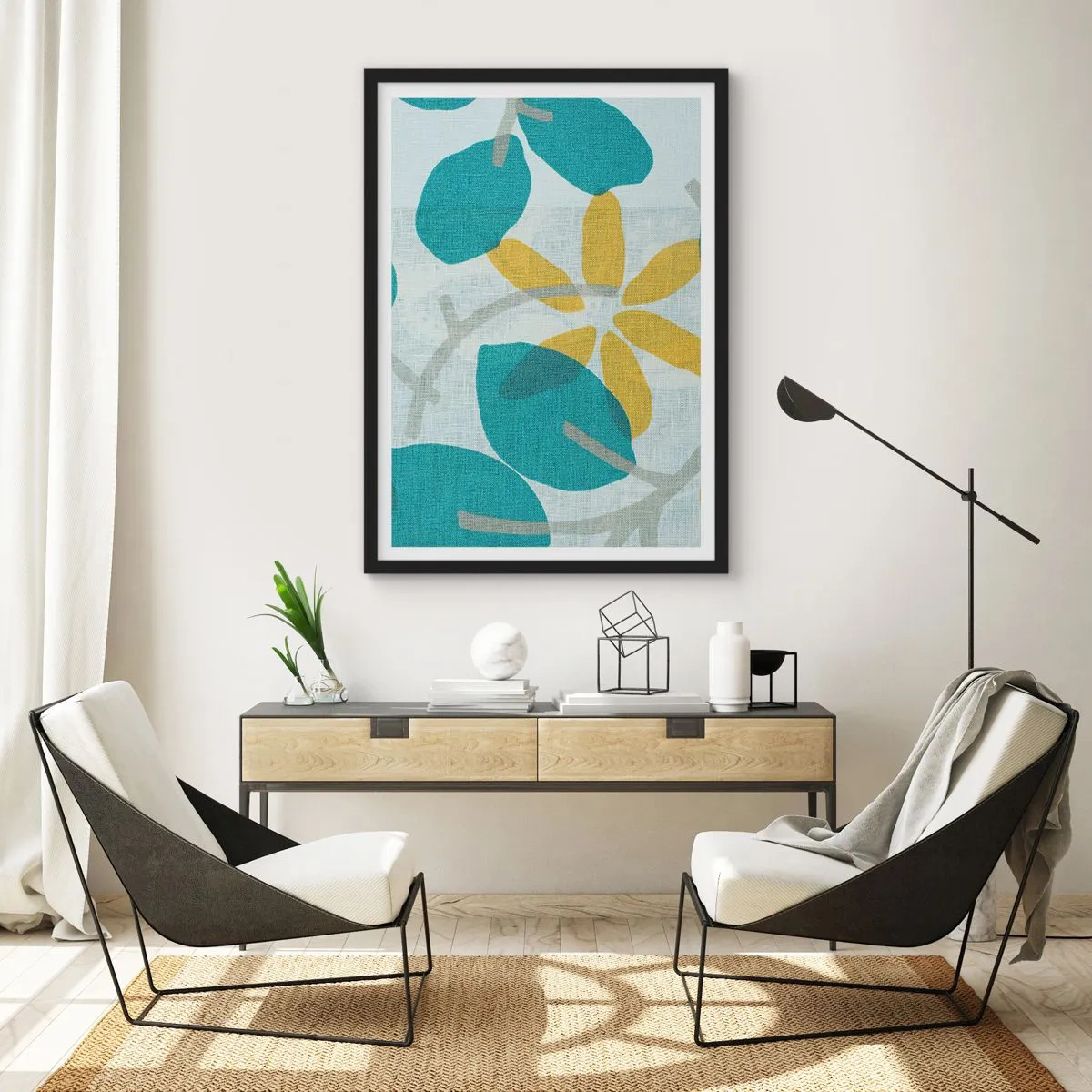 Poster în ramă neagră - Grafică botanică modernă în nuanțe de albastru și galben - 50x70cm - Printre frunzele de azur - Decorațiune modernă pentru perete pentru living și dormitor ARTTOR