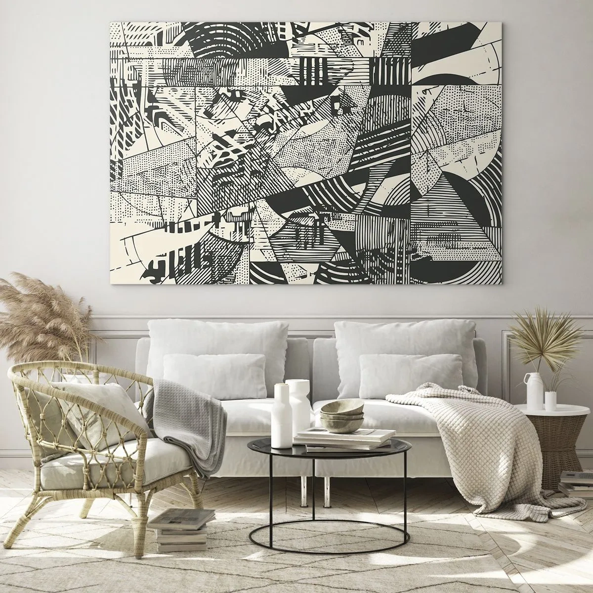 Tablou pe sticlă - Abstracție alb-negru cu modele geometrice dinamice - 70x50cm - Dinamica de astăzi - Decorațiune modernă pentru perete pentru living și dormitor ARTTOR