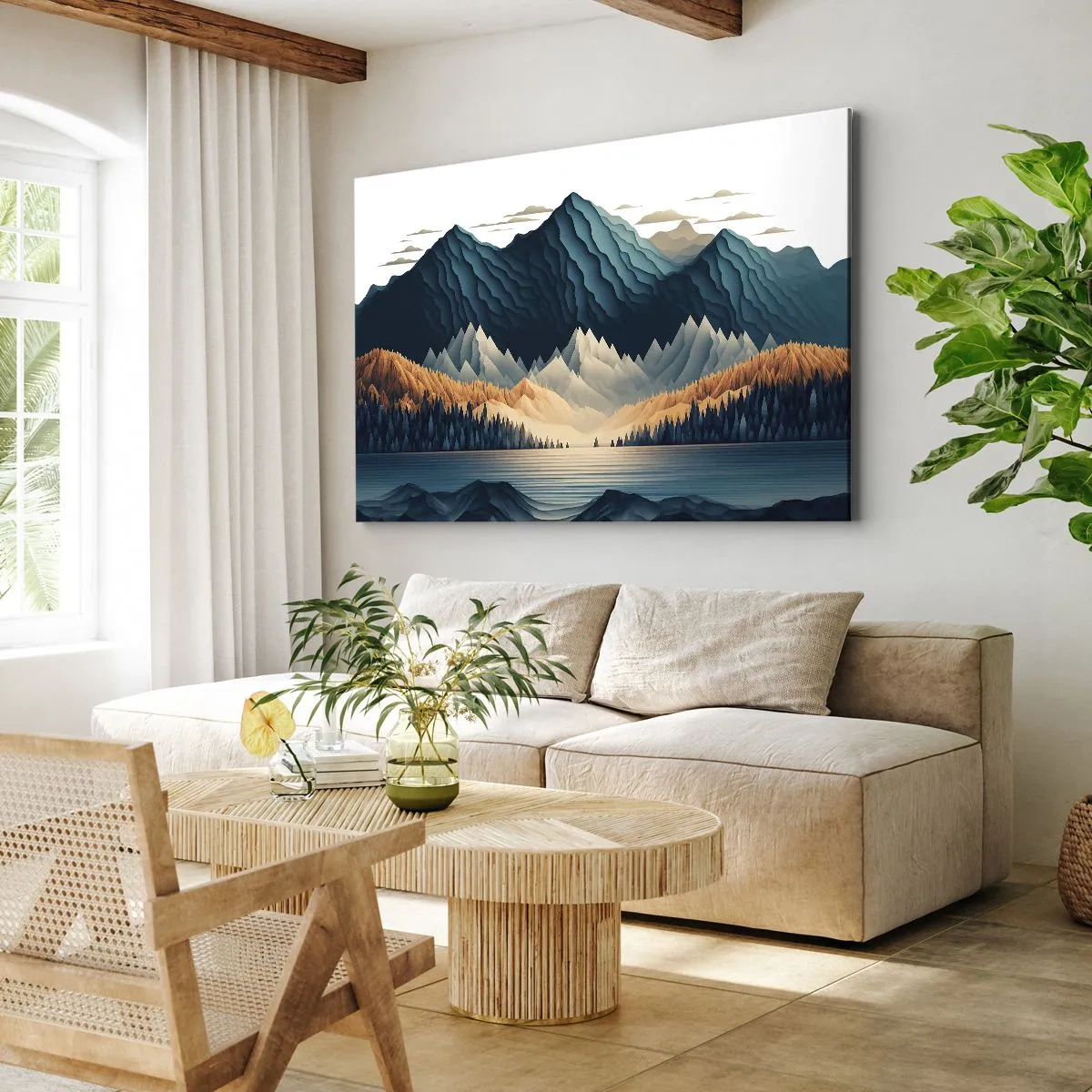 Tablou pe pânză Canvas - Munți pitorești peste lac la apus - 70x50cm - Peisaj montan perfect - Decorațiune modernă pentru perete pentru living și dormitor ARTTOR