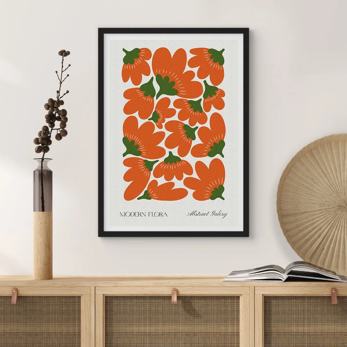 Poster în ramă neagră - Flori portocalii abstracte pe un fundal deschis - 50x70cm - Din viața unei flori - Decorațiune modernă pentru perete pentru living și dormitor ARTTOR
