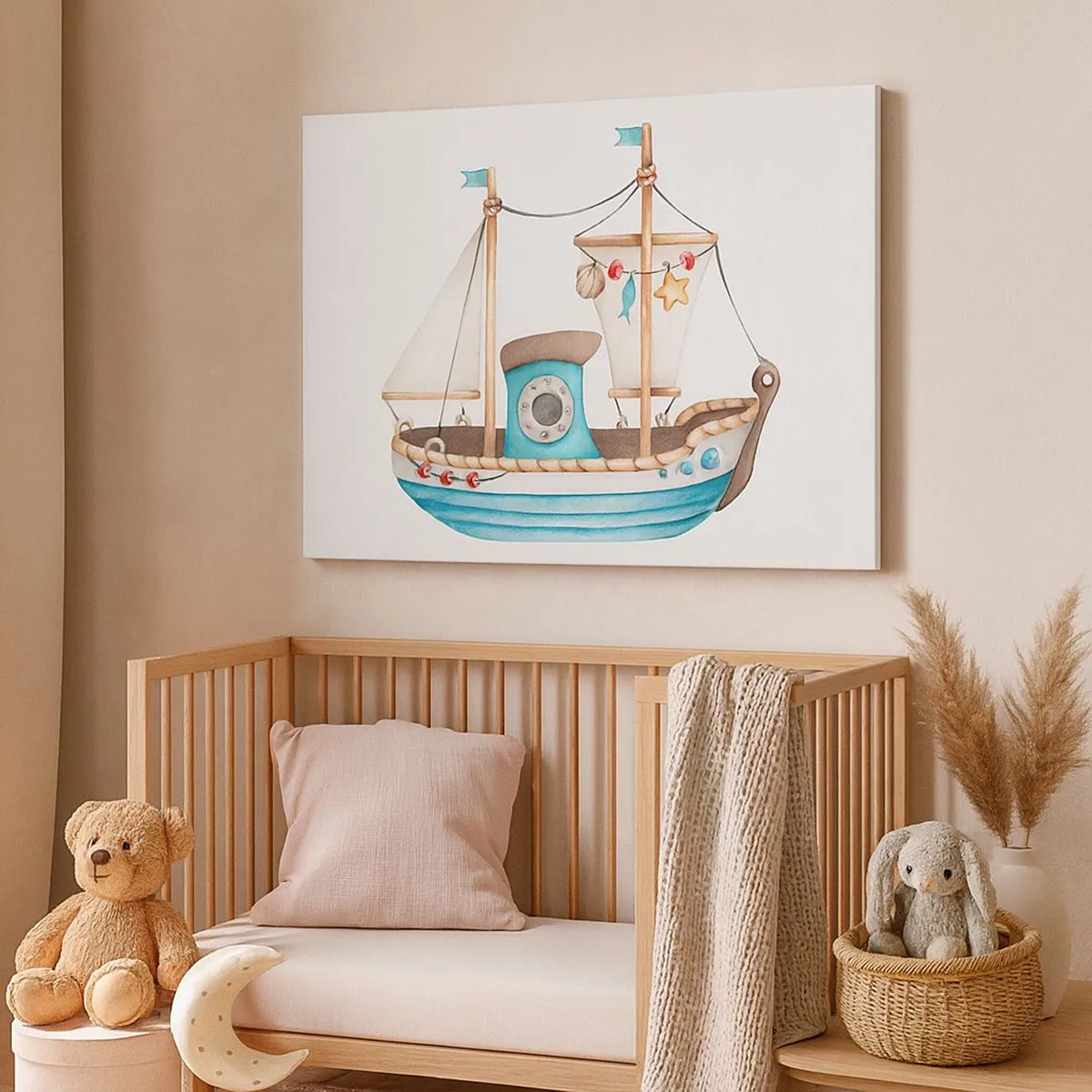 Tablou pe pânză Canvas - Ilustrație a unei nave în culori pastelate pe fundal alb - 70x50cm - Ahoy aventura! - Decorațiune modernă pentru perete pentru living și dormitor ARTTOR