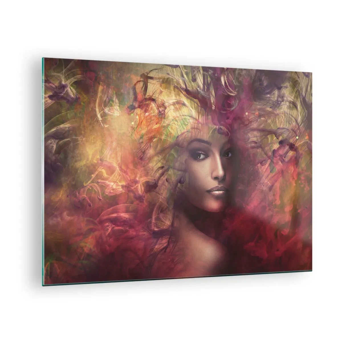 Tablou pe sticlă - Portretul unei femei înconjurate de culori luminoase, abstracte - 70x50cm - Iată-mă! - Decorațiune modernă pentru perete pentru living și dormitor ARTTOR