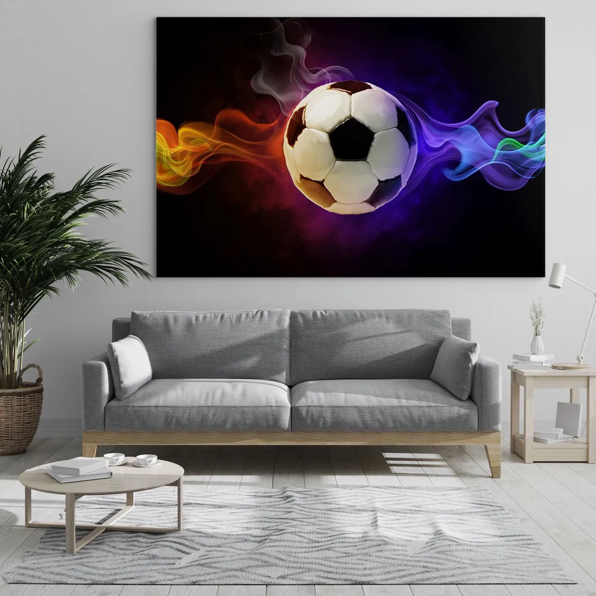 Tablou pe sticlă - O minge de fotbal înconjurată de dungi colorate - 70x50cm - Puterea magică a jocului - Decorațiune modernă pentru perete pentru living și dormitor ARTTOR