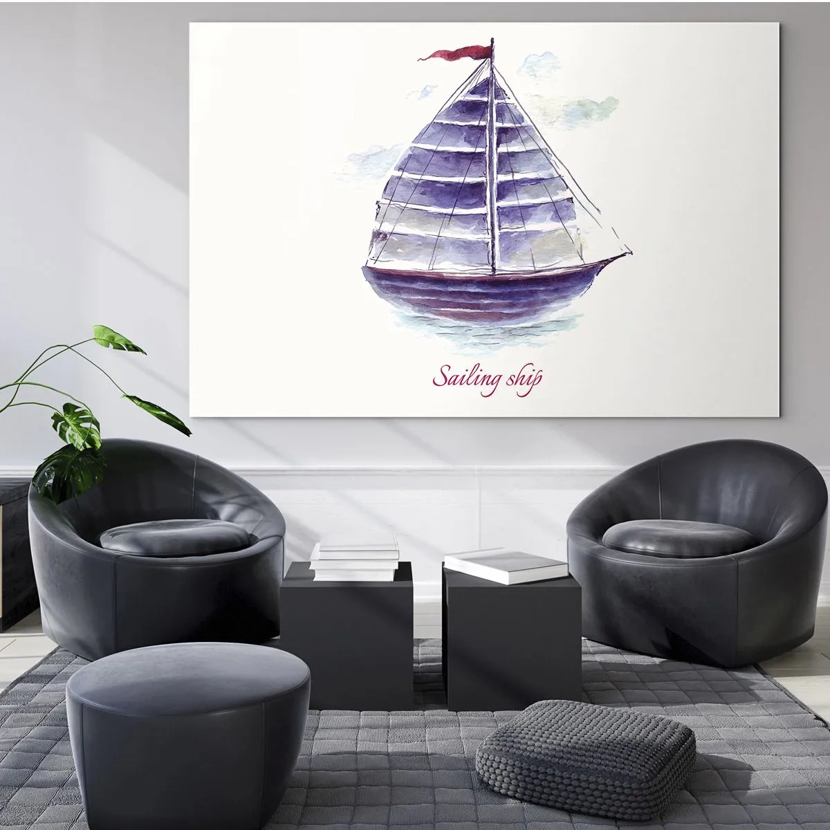 Tablou pe sticlă - Navă cu pânze în acuarelă cu inscripția Navă cu pânze - 70x50cm - Pânze pline și apă calmă - Decorațiune modernă pentru perete pentru living și dormitor ARTTOR