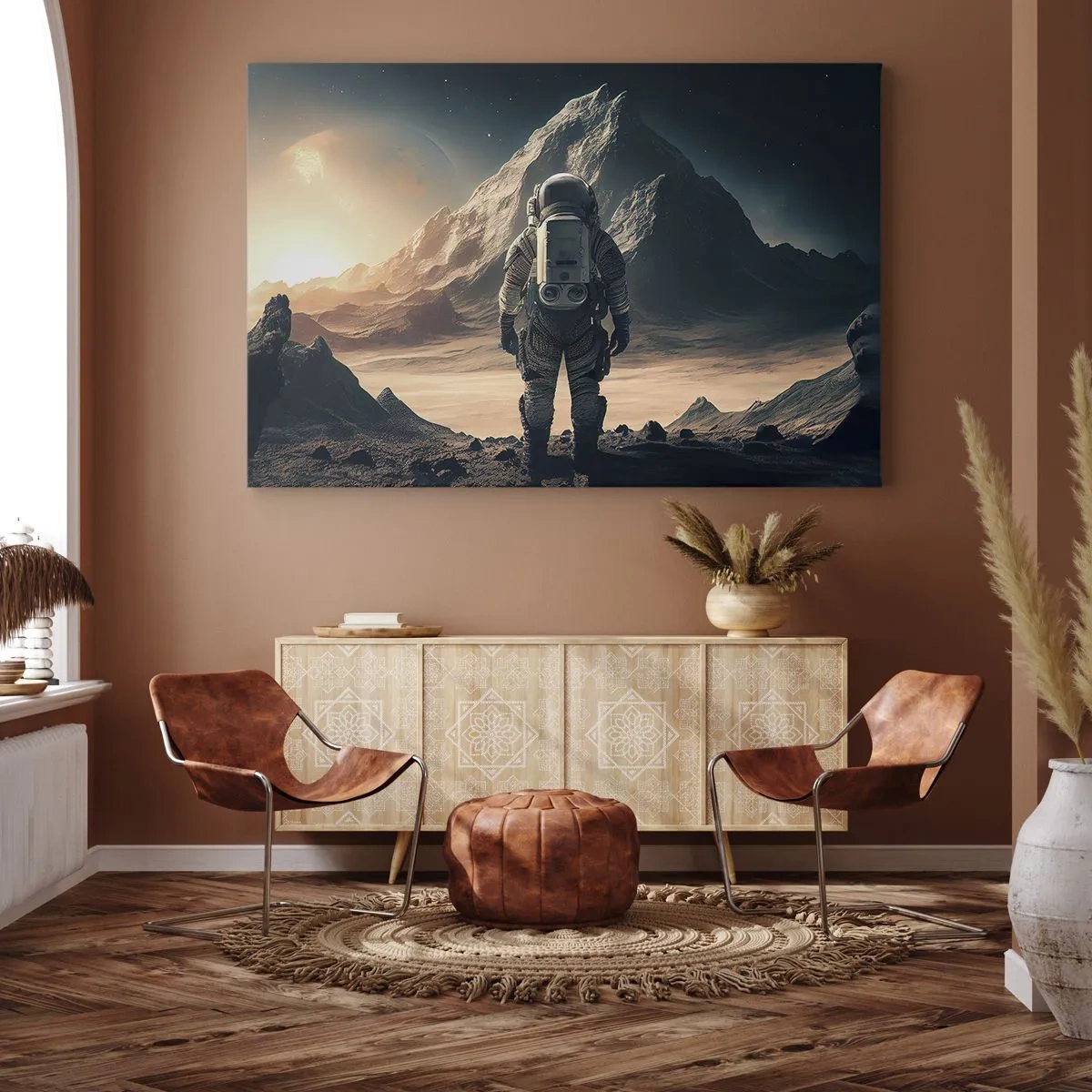 Tablou pe pânză Canvas - Astronautul pe fundalul unor munți maiestuoși - 70x50cm - O nouă provocare - Decorațiune modernă pentru perete pentru living și dormitor ARTTOR