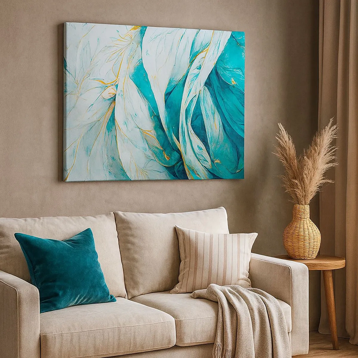 Tablou pe pânză Canvas - Frunze albastre abstracte cu detalii aurii - 70x50cm - Abstractul albastru cu motiv auriu - Decorațiune modernă pentru perete pentru living și dormitor ARTTOR