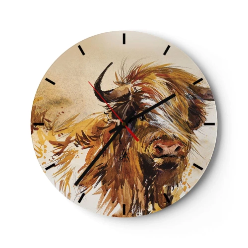 Ceas de perete - Ceas pe sticlă - O ilustrație pictată a unui taur scoțian cu blană care curge - 30x30cm - Mândria vânătorului - Decorațiune modernă pentru perete pentru living, bucătărie și dormitor ARTTOR