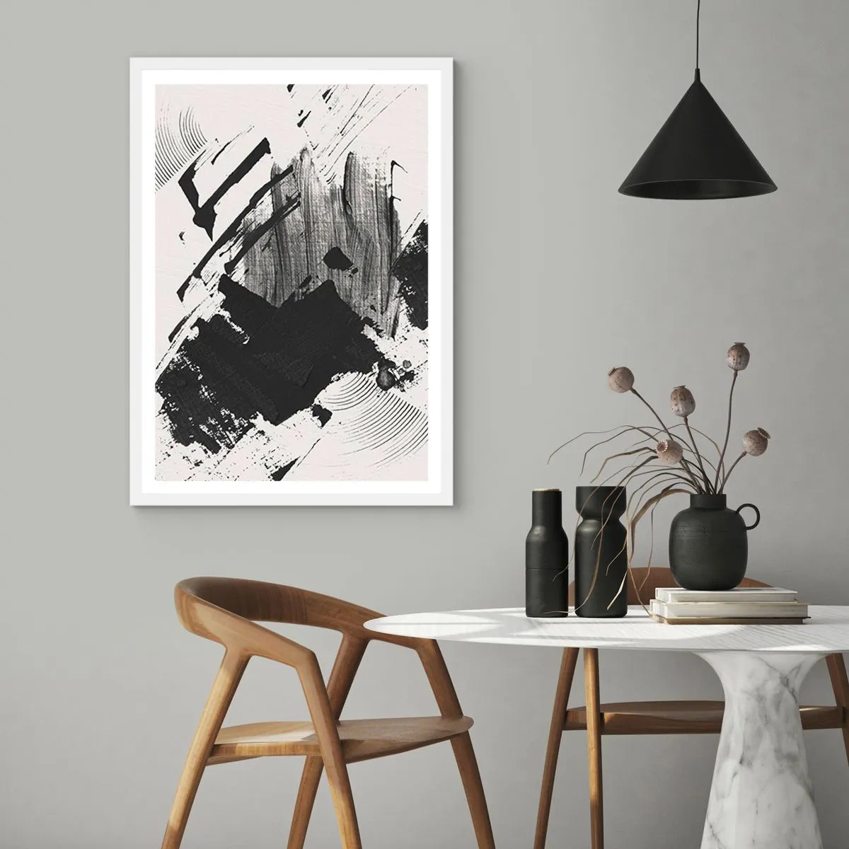 Poster în ramă albă - Abstracție - expresie de negru - 61x91 cm
