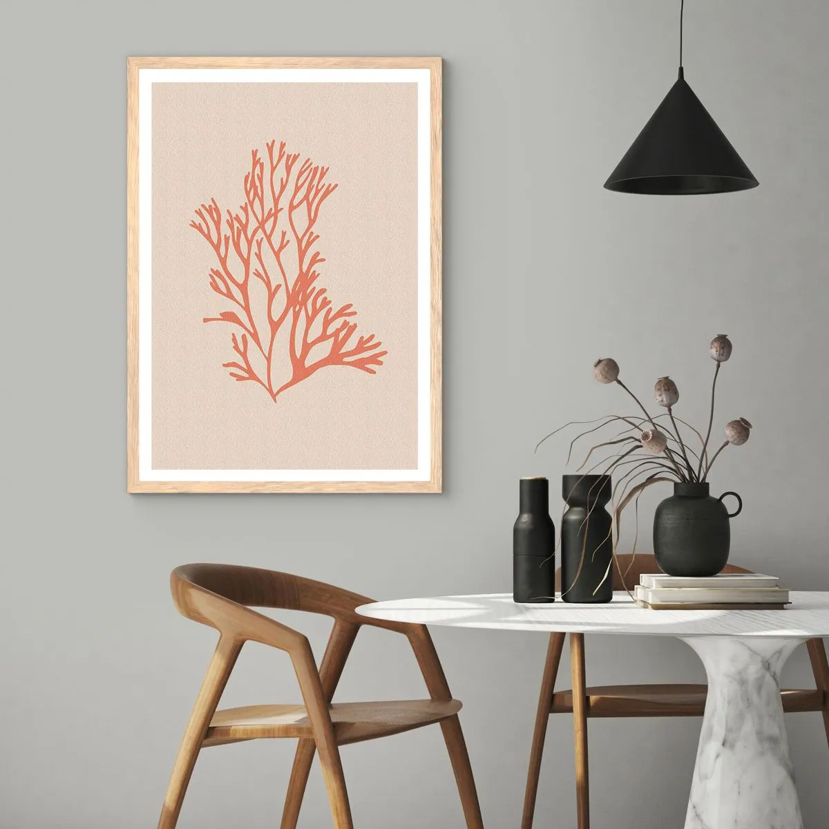 Poster în ramă de stejar deschis - Coral filigranat - 70x100 cm