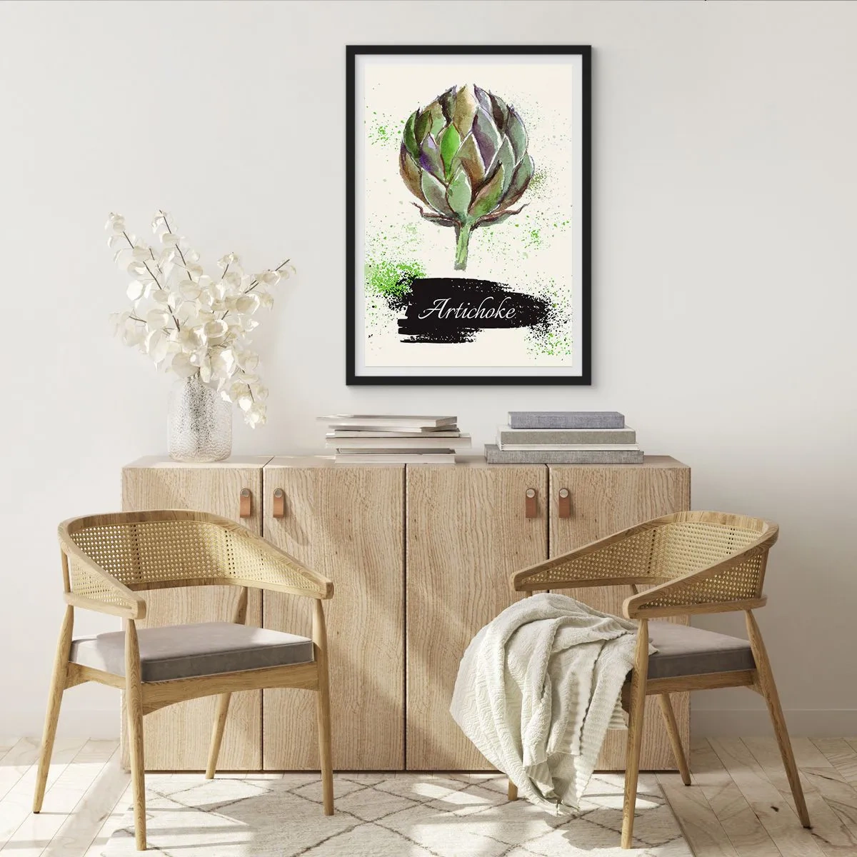 Poster în ramă neagră - Ilustrație în acuarelă a unei anghinare pe un fundal deschis - 50x70cm - Trăiască legumele! - Decorațiune modernă pentru perete pentru living și dormitor ARTTOR