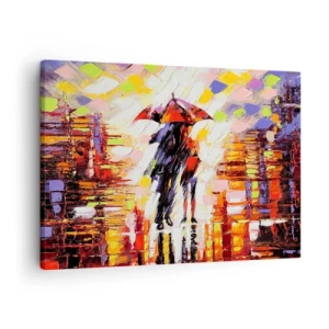 Tablou pe pânză Canvas - O scenă abstractă a unei plimbări sub o umbrelă într-o noapte ploioasă. - 70x50cm - Împreună prin noapte și ploaie - Decorațiune modernă pentru perete pentru living și dormitor ARTTOR