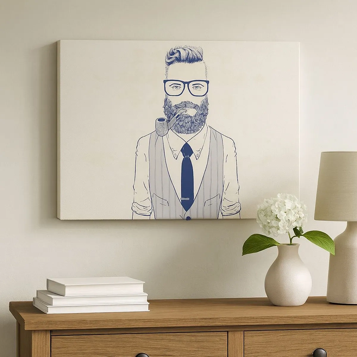 Tablou pe pânză Canvas - Bărbat stilizat cu barbă, pipă și ochelari - 70x50cm - Vesel, masculin și la modă - Decorațiune modernă pentru perete pentru living și dormitor ARTTOR