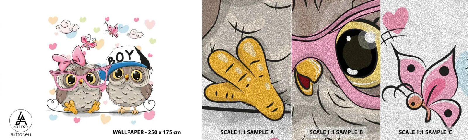 Mostră tapet Premium Sand - Să ne iubim! - Pentru copii, Bufniţă, Fluture - 100x30 cm