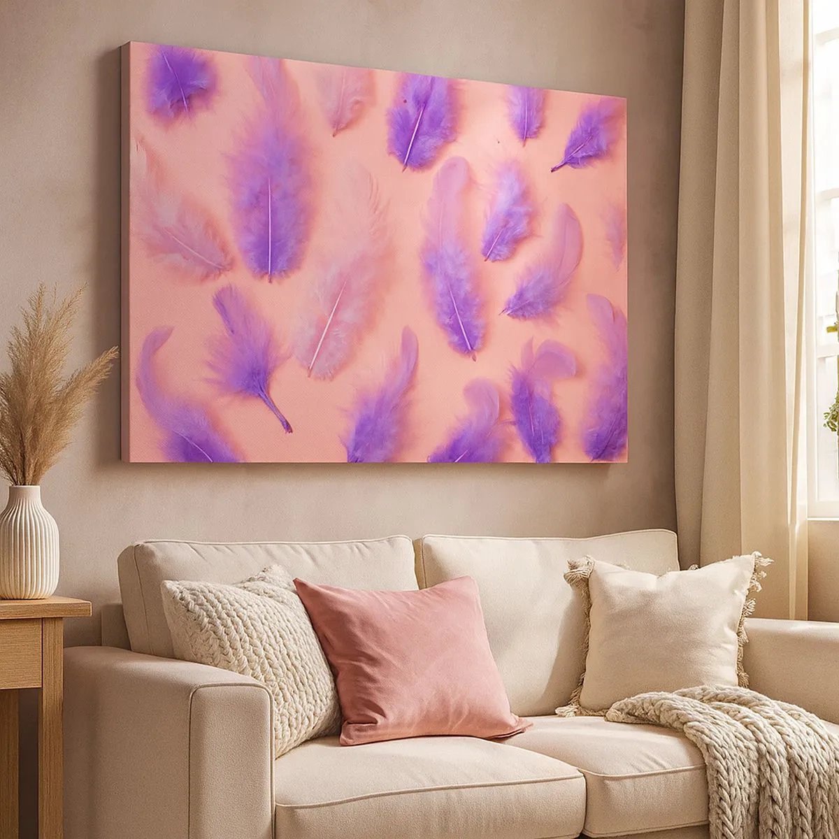 Tablou pe pânză Canvas - Pene violet și roz pe un fundal pastel - 70x50cm - Pasăre liliac de dorință - Decorațiune modernă pentru perete pentru living și dormitor ARTTOR