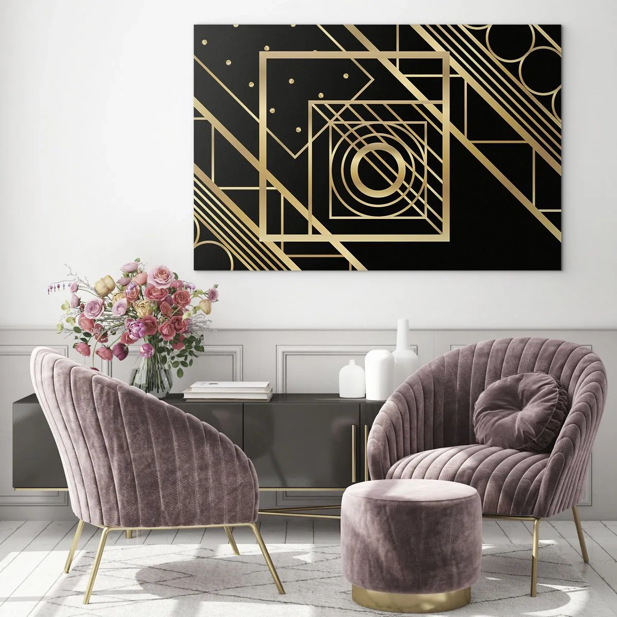 Tablou pe sticlă - Modele geometrice aurii pe fundal negru - 70x50cm - Geometrie de aur - Decorațiune modernă pentru perete pentru living și dormitor ARTTOR