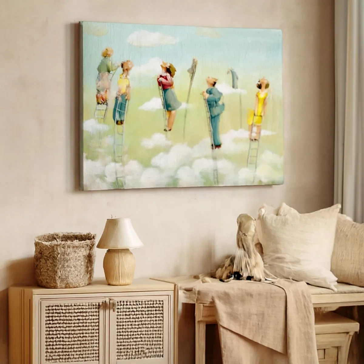 Tablou pe pânză Canvas - Figuri urcând scări printre nori pe un fundal pastel. - 70x50cm - Urmează-ți visul - Decorațiune modernă pentru perete pentru living și dormitor ARTTOR