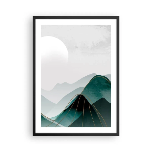 Poster în ramă neagră - Munți abstracte în nuanțe de verde cu auriu delicat - 50x70cm - Măreție deplină - Decorațiune modernă pentru perete pentru living și dormitor ARTTOR
