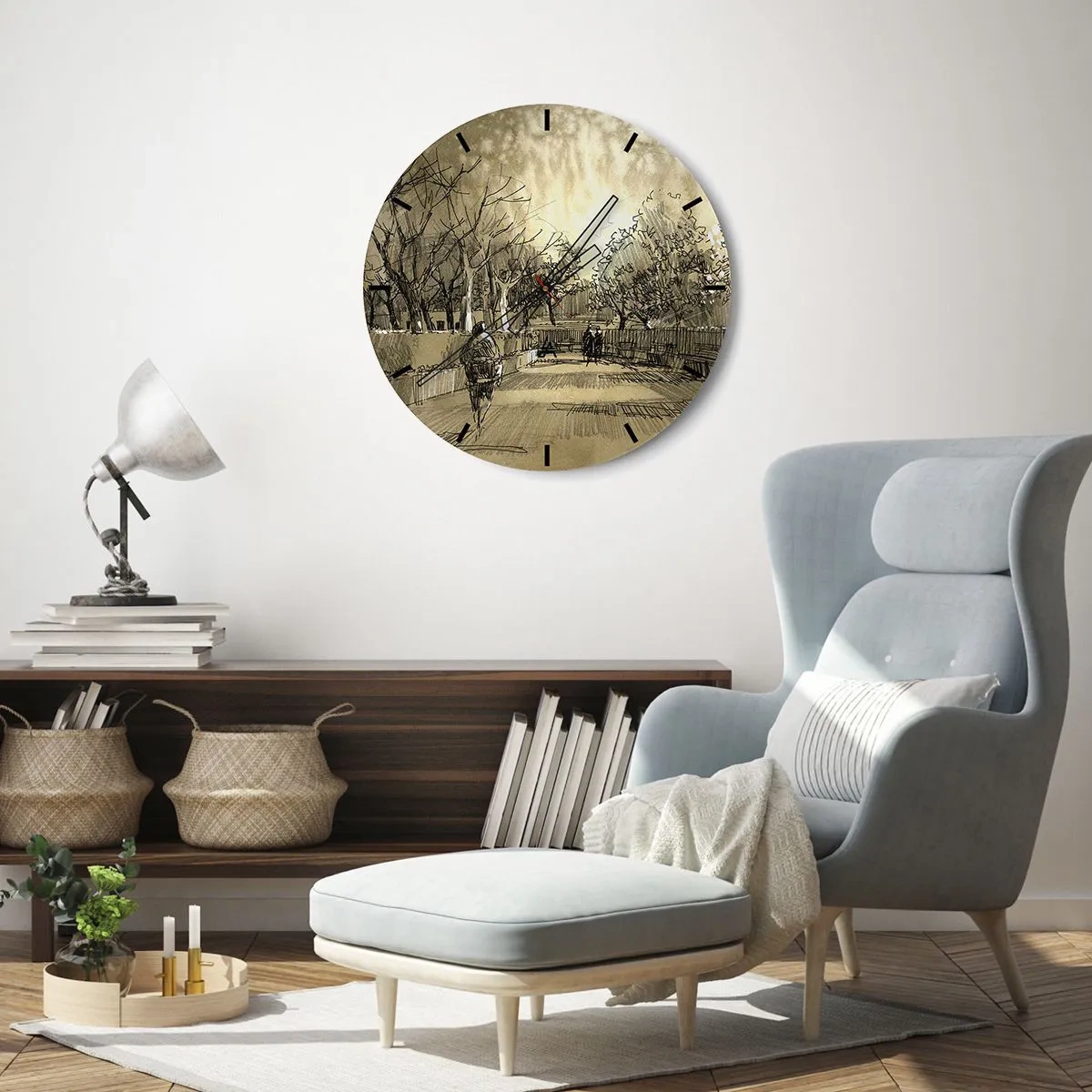 Ceas de perete - Ceas pe sticlă - Schiță a unei plimbări într-un parc cu alei și copaci - 30x30cm - Un moment reținut cu pene - Decorațiune modernă pentru perete pentru living, bucătărie și dormitor ARTTOR