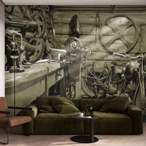 Tapet Premium Canvas - În șopronul unchiului Vlad - Motocicletă, Atelier de reparatii auto, Epocă - 450x315 cm