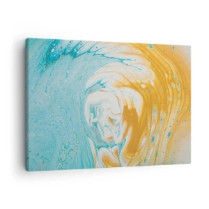 Tablou pe pânză Canvas - Valuri abstracte în nuanțe de albastru și auriu pe pânză - 70x50cm - Vârtej de pastel - Decorațiune modernă pentru perete pentru living și dormitor ARTTOR